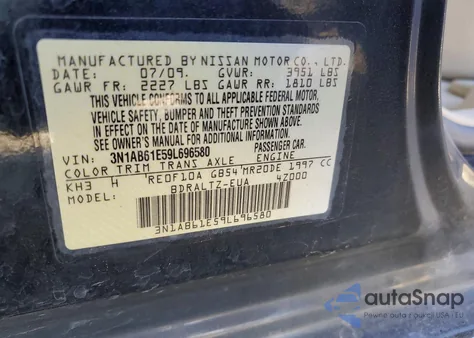 2009 Nissan Sentra 2.0 z USA, uszkodzony, nr VIN 3N1AB61E59L696580